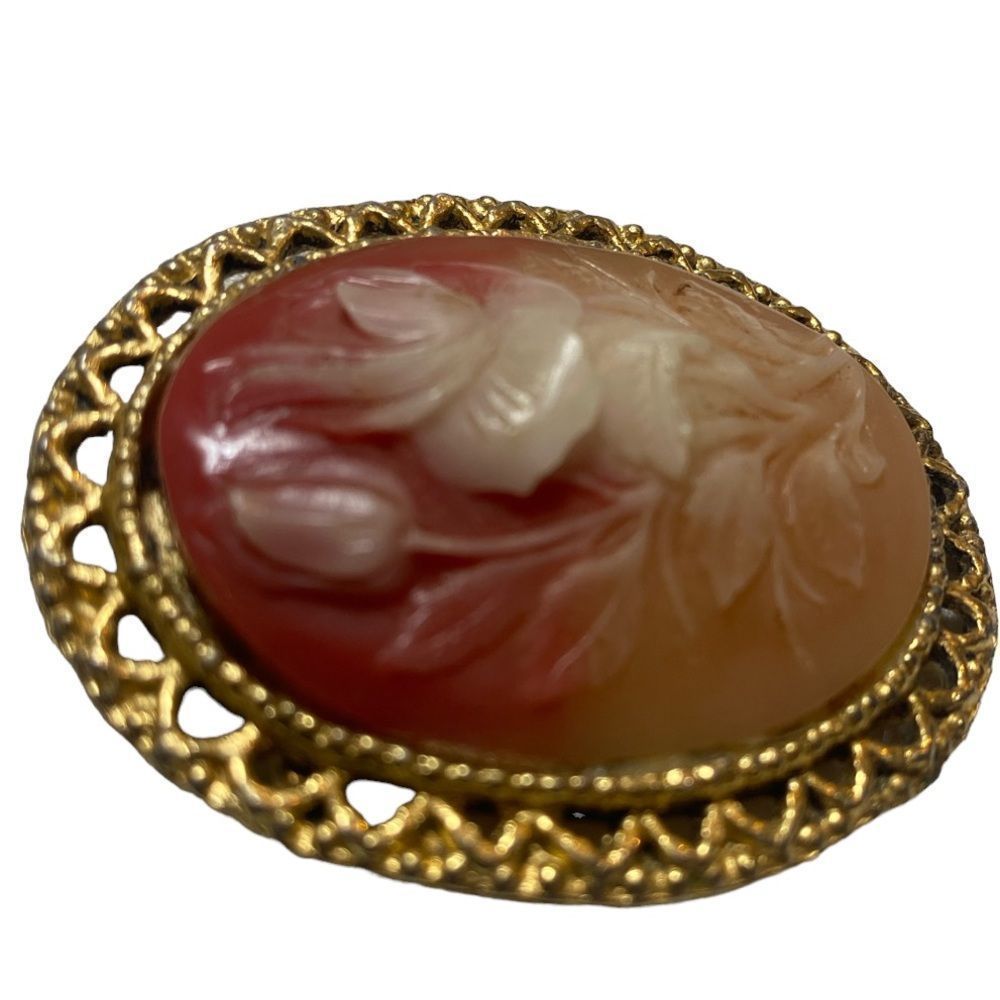 Vintage Carved Celluloid Flower Cameo Brooch - Picture 11 of 12